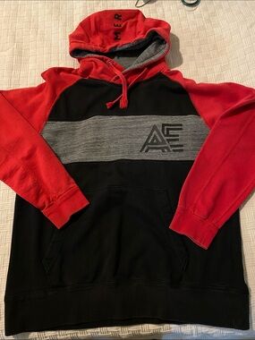 American Eagle Outfitters Red, Black & Gray Colorblock Hooded Sweatshirt